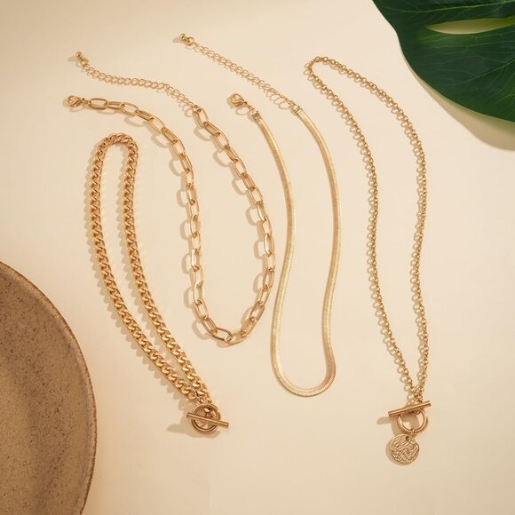 Gold Layered Stack Necklace Set for Women, Retro Thick Cuban Chain Coin Medallio - Picture 5 of 7